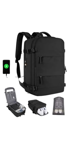 Thulander Mochila Viaje Cabina Avion 40x20x25 compatible con Aerolineas Maleta Cabina con apertura 180°, puerto USB y compartimentos organizados Mochila Viaje ligera impermeable Mochila Mujer (Negro)