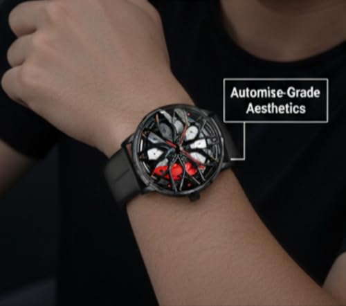 Image of Oculus Men's 3D Car Wheel Rotating Watch, Luxury Sport Quartz with Hollow Hub Dial, Magnetic Silicone Strap, Automotive-Inspired Design, Black Magnetic Straps