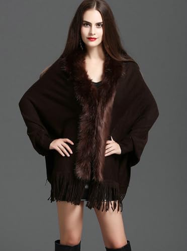 Rungion Women's Warm Knit Fur Collar Fringe Shawl Cardigan Cape Winter Thickened Coat Loose Poncho Wrap with Sleeves2