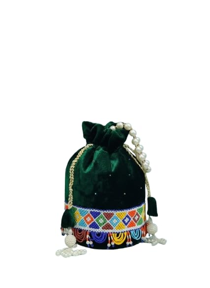 Green Velvet PotliBag with Pearl Handle, Multicolour Beaded Embroidery, Drawstring Clutch-image-18