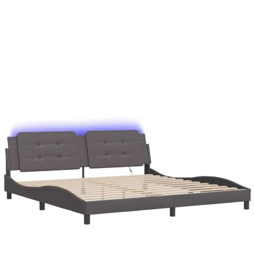PUGYNBK Cadre de lit avec LED sans matelas Zadar gris 200 x 200 cm, lit avec éclairage LED gris, cadre de lit avec tête de lit en cuir synthétique, design...