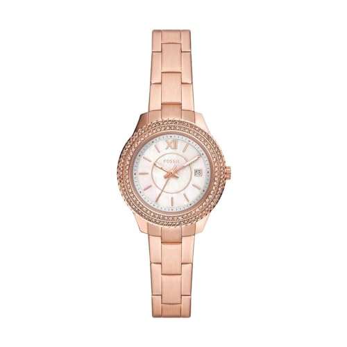 Fossil Stella Reloj para mujer, movimiento de cuarzo con correa de acero o piel, Tono oro rosa con purpurina, 30MM