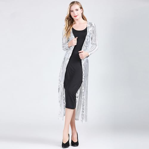 Image of Sparkly Cardigan for Women 1920s Sequin Cardigans Long Sequin Duster Blazer 20s Glitter Open Front Coat Cover Up Dress