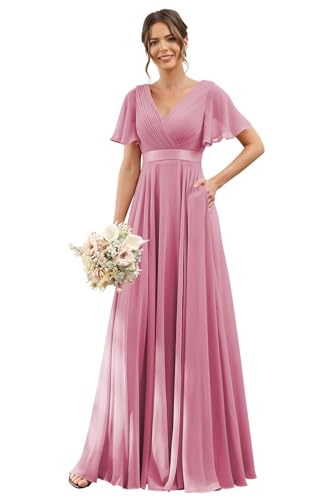 Image of TIRAS Women's Ruched Chiffon Mauve Bridesmaid Dresses Plus Size with Pockets Simple V Neck Formal Dress Long with Flutter Sleeves 2025 Plus Size 18W