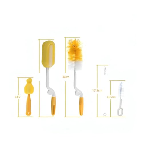 Image of 5-in-1 Baby Bottle Cleaning Brush Set | Silicone Bottle Brush Kit with Nipple Cleaner, Straw Brush, Sponge Brush & Long Tube Cleaner | Feeding Bottle Cleaning Accessories | Yellow Blue