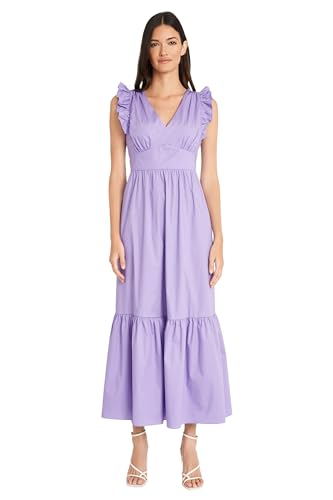Image of Maggy London Women's V-Neck Ruffle Details Cotton Poplin Maxi Dress
