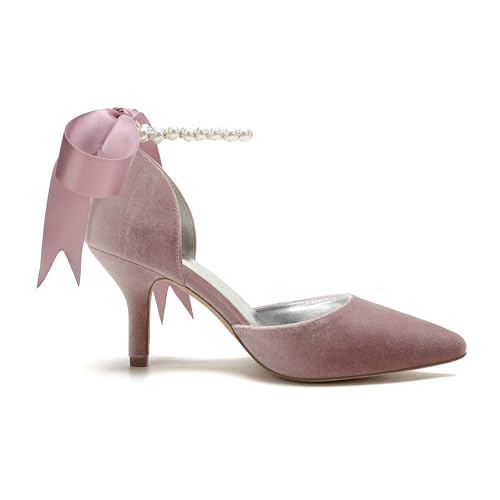 Womens Velvet Pointed Toe High Heel Pumps Comfort Kitten Heels for Bride Pearls Prom Evening Party Dress Shoes3