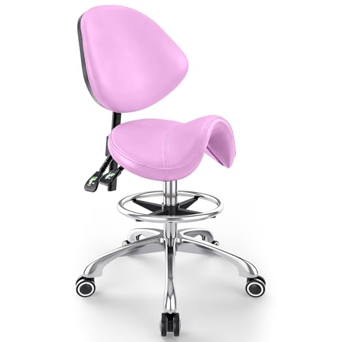 Saddle Chair with Back Support - Tilted Backrest Adjustable Foot Rest 350 LBS Capacity Ergonomic 360 Swivel Drafting Chair for Salon Spa Massage Tattoo Facial lash Home Macaron Purple