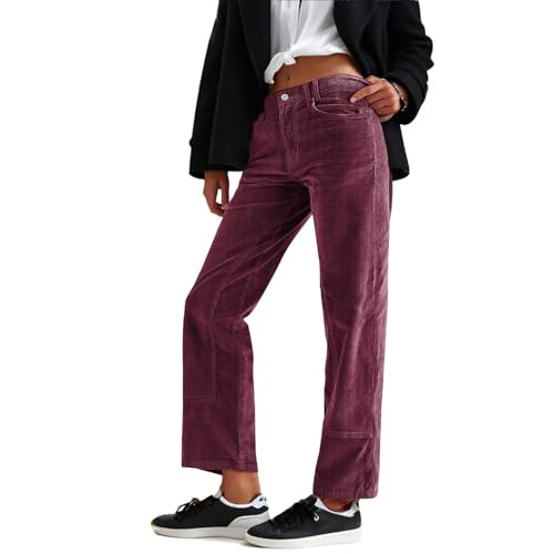 Womens Corduroy Pants Loose Fashion Mid Rise Pant Spring Fall Casual Straight Comfy Trousers with Pockets