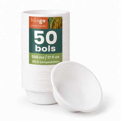 HAAGO 50 Bols Jetables Extra Solides Compostables 500 ml / 17 oz – Bagasse de Canne à Sucre –...