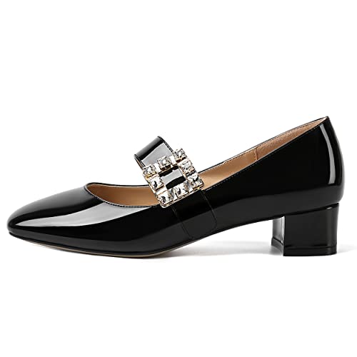 NUMALEO Womens Rhinestone Ankle Strap Wedding Dress Square Toe Patent Bungee Solid Chunky Low Heel Pumps Shoes 1.5 Inch2