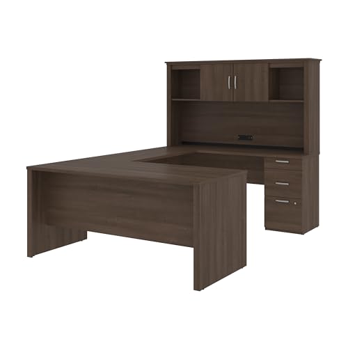 Bestar Logan 66W U or L-Shaped Executive Office Desk with Pedestal and Hutch in Antigua