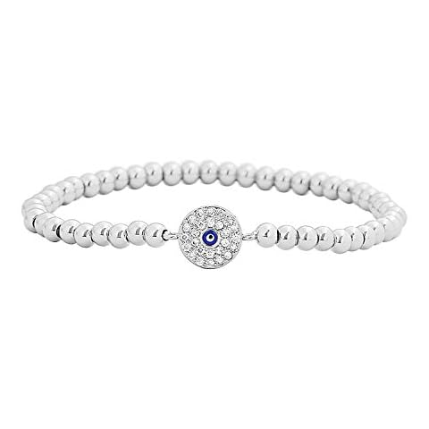 Edforce Stainless Steel Women Evil Eye Ball chain Elastic bracelet with CZ Cubic Zirconia (Silver) Cover