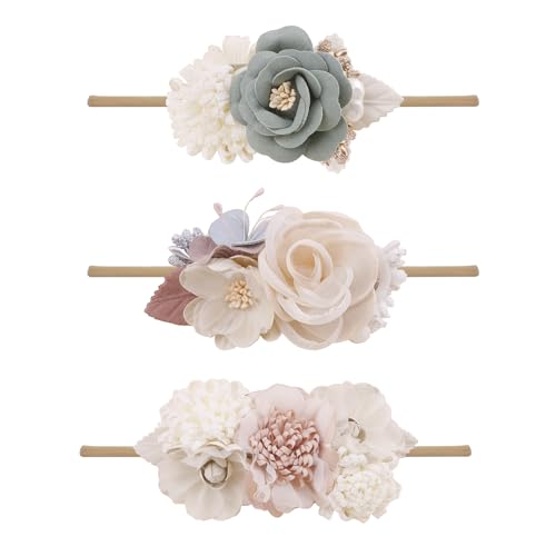 mligril Baby Girl Floral Headbands- 3pcs Nylon Headband Handmade Flower Crown Elastic Hairband Newborn Toddler Hair Accessories Gifts for Girls （1-6 years old）