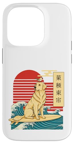 Carcasa para iPhone 14 Pro Golden Retriever Surfeando Japonés Gran Ola Kanagawa