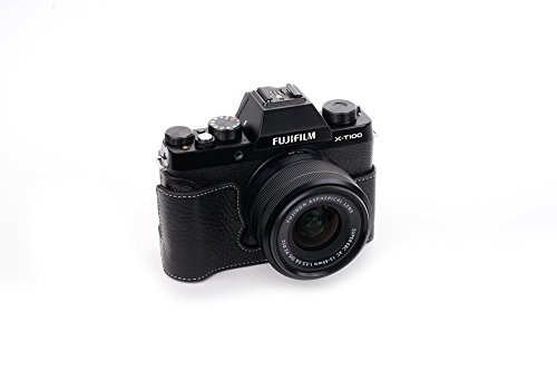X-T100 Case, Bolinus Handmade Genuine Real Leather Half Camera Case Bag Cover For Fujifilm Fuji X-T100 Xt100 Camera Bottom Opening Version + Hand Strap -Black #TOP22