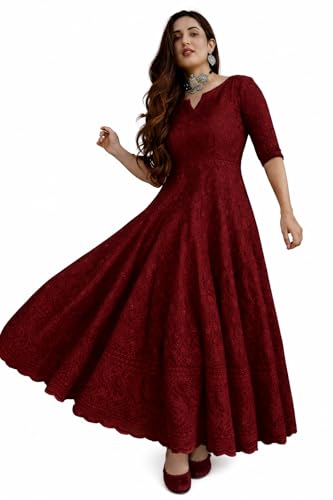 Image of LookMark Women's Chikankari Embroidered Ethnic Gown, Ankle Length Flared Dress, 3 /4 Sleeves, Traditional Indian Wear