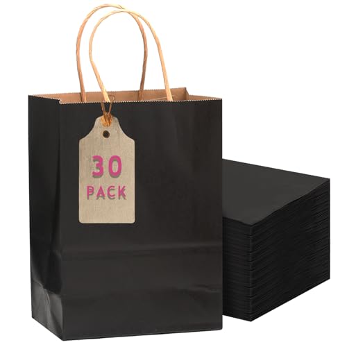 qiqee 30-Packs Black Gift Bags with Handles Bulk 10.8x8.3x4.3 Medium Size Kraft Paper Bags Multiple Uses (Medium Size)