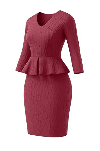 Runwind Business Dresses 3/4 Sleeve Peplum Bodycon Knit Pencil Dress for Curvy Women Modest Wear to Work Dresses3