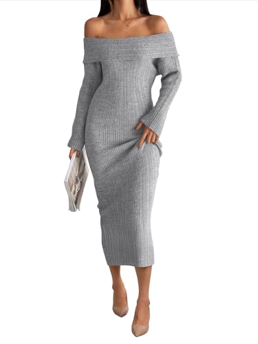 LILLUSORY Women Fall Off The Shoulder Baby Shower Midi Sweater Dress 2025 Wedding Guest Long Sleeve Bodycon Date Night Outfit Grey S