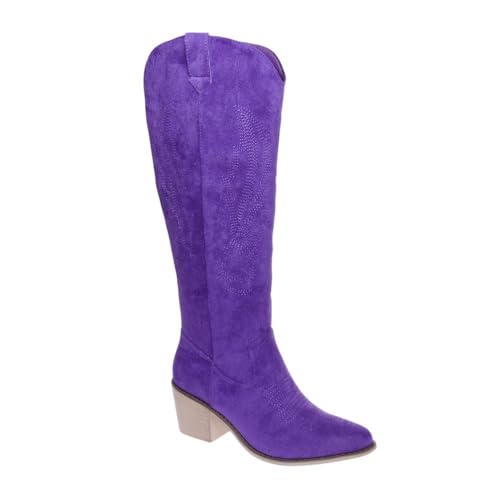 Pierre Dumas Womens Cowboy Boots Wide Calf Pull On Zipper Chunky Heel Pointed Toe Embroidered Western Cowgirl Knee High Boots Girls Tall Boot Wilder-19 Purple 189 Sz 7.5
