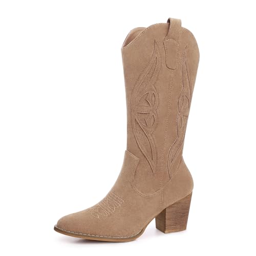 SHIBEVER Cowboy Boots for Women 2025: Womens Western Style Cowgirl Boots Mid Calf High Heeled Pointed Toe Boots Khaki Size 9