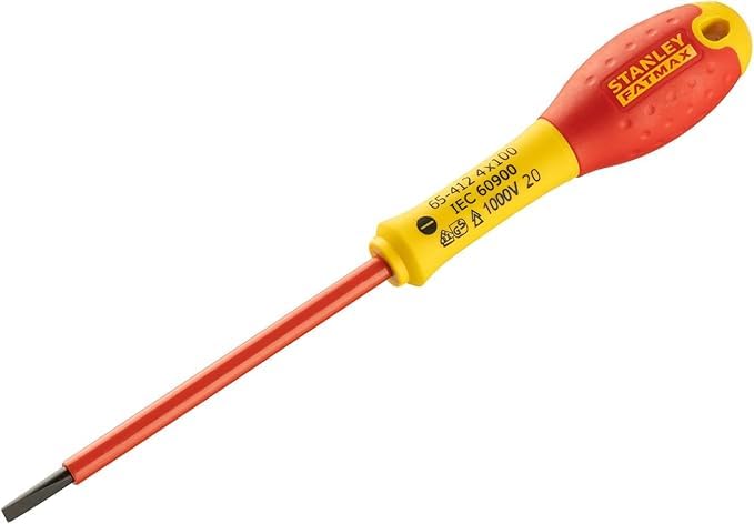 Image of STANLEY FATMAX 0-65-412 VDE Insulated Screwdriver Slotted 4 x 100 mm, Ideal For Repair Of Electric Vehicles, Red and Yellow