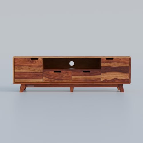 Image of DRIFTINGWOOD Regal Solid Sheesham Wood Modern TV Console for Upto 65 Inch TV, Entertainment Center with 5 Storage Compartments, Neutral Finish