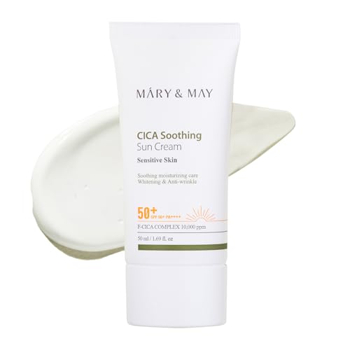 MARY & MAY CICA Crème Solaire Apaisante SPF50+ PA++++ – 50 ml | Protection UV, Hydratation, Anti-Âge & Éclat | Écran Solaire Visage Peaux Sensibles