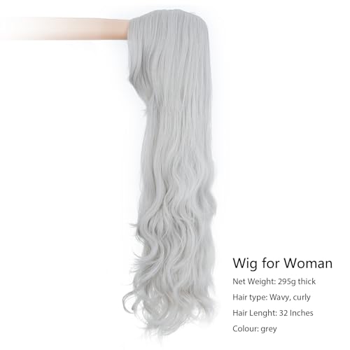 Image of Rose bud Hair Cosplay Wig with Bangs Grey 32 Inches Long Wavy Wigs for Women Lady Halloween Anime Party
