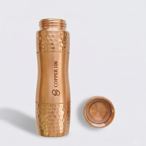 Image of VIRGIN Foodgrade 99.9% Pure Copper Water Bottle- Leakproof, Joint Free, No Lead, BPA-Free - Ayurvedic Health Benefits- Made in India- Contemporary Modern Hammered Glossy Finish (1L)