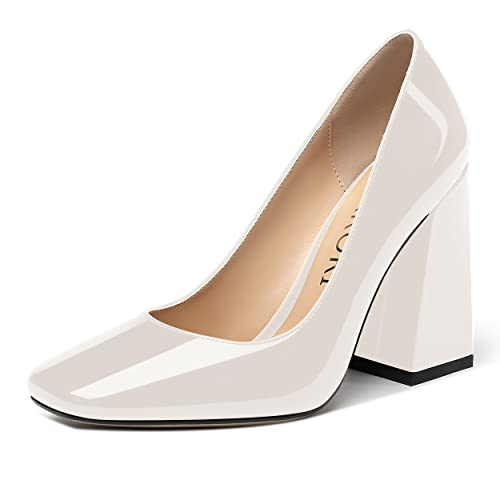 MERRORI Women's Patent Block Square Toe Solid Slip On Chunky High Heel Pumps Shoes 4 Inch