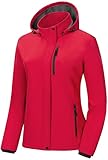 Pursky Womens Softshell Jacket Fall Fashion Trench Coat Ladies Medium Weight Fleece Jackets Women's Waterproof Windbreaker With Hood Red XL