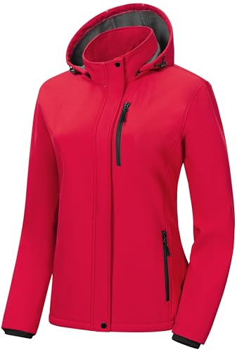 Pursky Womens Softshell Jacket Fall Fashion Trench Coat Ladies Medium Weight Fleece Jackets Women's Waterproof Windbreaker With Hood Red XL