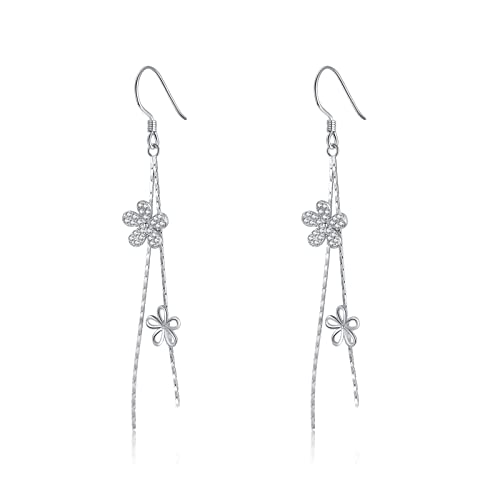 SLUYNZ Sterling Silver CZ Flower Dangle Earrings Chain for Women Teens Flower Drop Earrings Wedding Tassel
