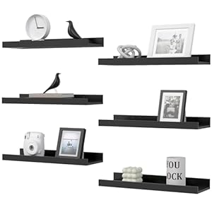 Floating Shelves Set of 6, Black Wall Shelves with Lip, Display Shelves for Wall Decor, Modern Picture Ledge for Living Room, Bedroom, Nursery, Bathroom, Pictures, Books, Plants- Black