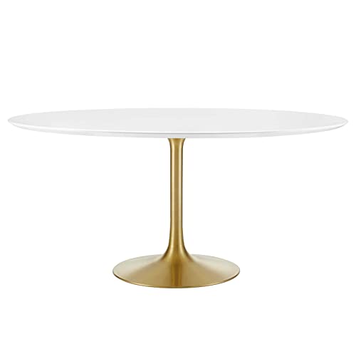 Image of Modway Lippa 60 inch Mid-Century Modern Dining Table with Round White Top and Pedestal Base in Gold White