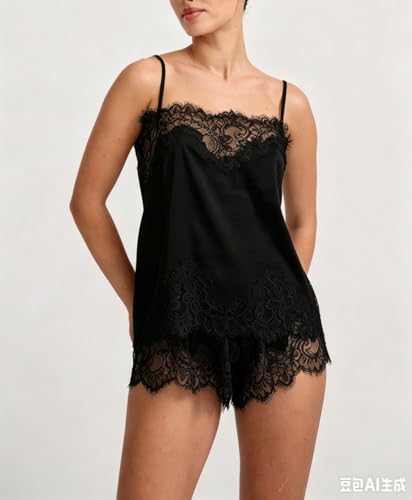 Image of ROAONOCOMO Women Lace Trim Pj Shorts Set Square Neck Coquette Tank Top Silk Satin Pajama Set Babydoll 2 Piece Shorts Outfit
