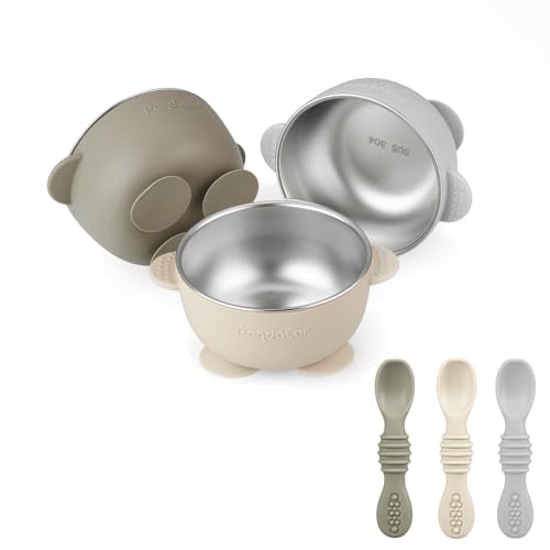 PandaEar 3 Pack Stainless Steel Suction Baby Bowls & 3 Baby Feeding Spoons | Non-Slip Stay Put Bowls & Soft Silicone First Stage Spoons for Toddlers,...