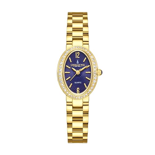 Image of London Fog Queenhithe Collection Watch for Women with Oval Textured Dial, Crystal Studded Bezel, Blue Crown Accent, Quartz Movement and Stainless Steel Strap - LFW20003