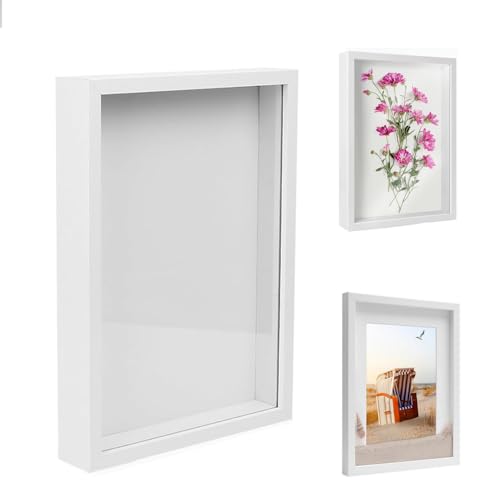 3D Bilderrahmen Zum Befüllen, 21 x 29.7 cm Bilderrahmen Tief Hölzern Bis 3cm, Tiefer Zum Befüllen für Objekte Blumen Hochzeitsgeschenk oder Erinnerungsstücke Weiß