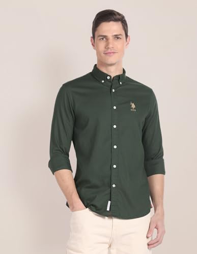 Image of U.S. POLO ASSN. Solid Tailored Fit Cotton Shirts for Men - 100% Cotton, Full Sleeve Mens Casual Shirts - M, Olive