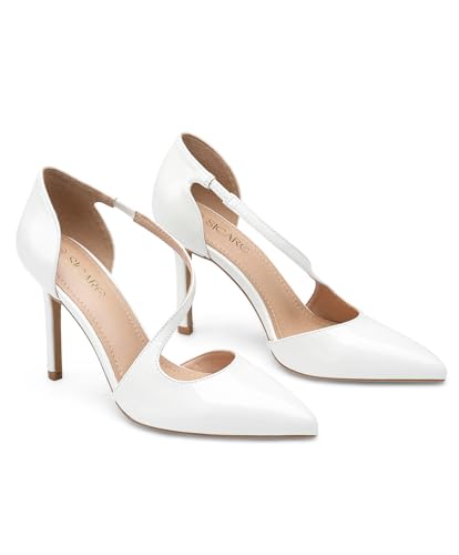 Image of Women's Pointed Toe High Heel Pumps, Elegant Asymmetric Cross Strap D'Orsay Stiletto Strappy Heels, Glossy Patent Dress Shoes for Wedding, Party, and Office