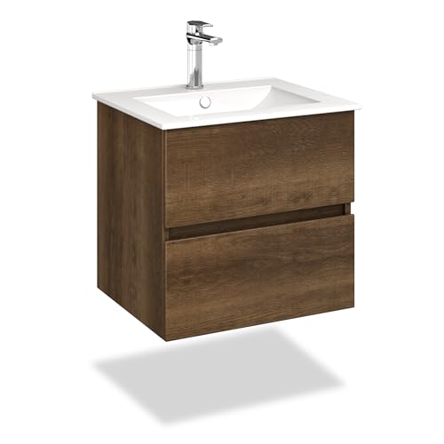 VILSTEIN Waschbecken mit Unterschrank – Set 80 cm Dunkelbraun – Waschbeckenunterschrank [Soft-Close SCHUBLADEN] & Keramik-Waschbecken – Modernes Badezimmermöbel aus feuchtigkeitsbeständigem Material