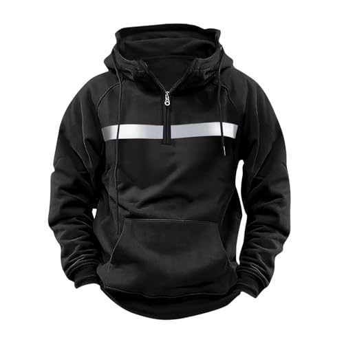 Long Sleeve Sweatshirts for Men Quarter Zipper Cassual Hoodie Drawstring Reflective Stripe Pullover with Pockets