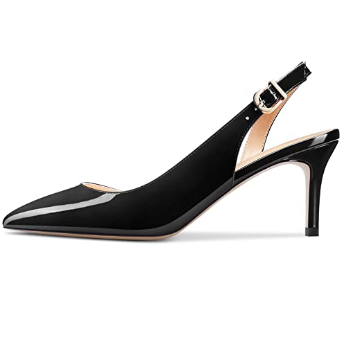 Aachcol Women Stiletto Mid Low Kitten Heel Pumps Ankle Strap Slingback Pointed Toe Dress Shoes Office Party Wedding Patent 2.5 Inch2
