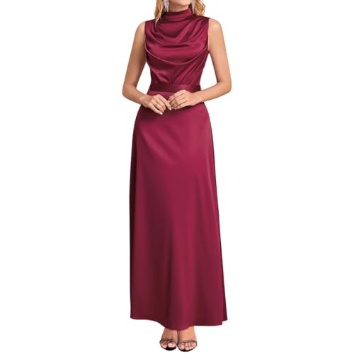 VKIHOC Women Satin Formal Long Dress Elegant Mock Neck Ruched