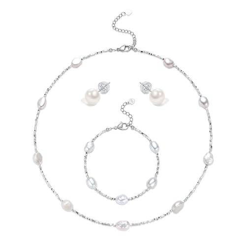 Dimensioni: collana di perle da donna (45 cm + 5 cm di estensione), orecchini di perle in argento 925 (8-8,5 mm), bracciale di perle 8-9 mm, 18 cm