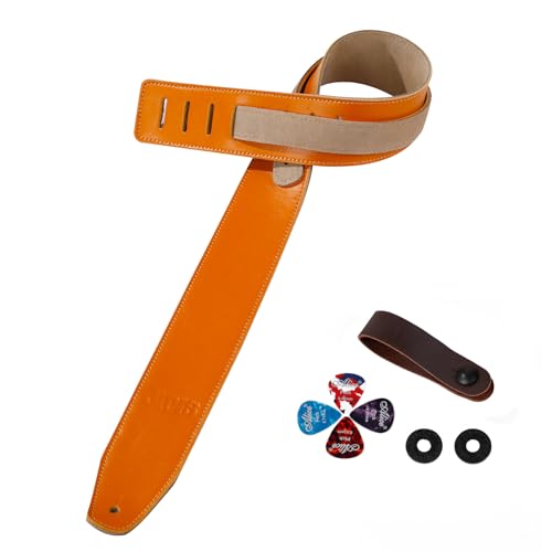 Genuine Cowhide Leather Guitar Strap Soft Durable Guitar Strap for Acoustic Electric Guitar&Bass Adjustable Strap (JIPIS 014-Orange)