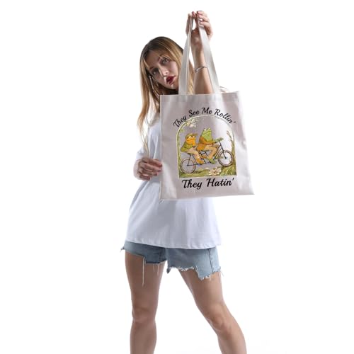 POFULL Frog Inspired Gift They See Me Rollin Tote Bag Literary Gift (Frog They See Tote Bag) 5